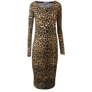 Leopard  Print Ribbed V neck Midi Dress